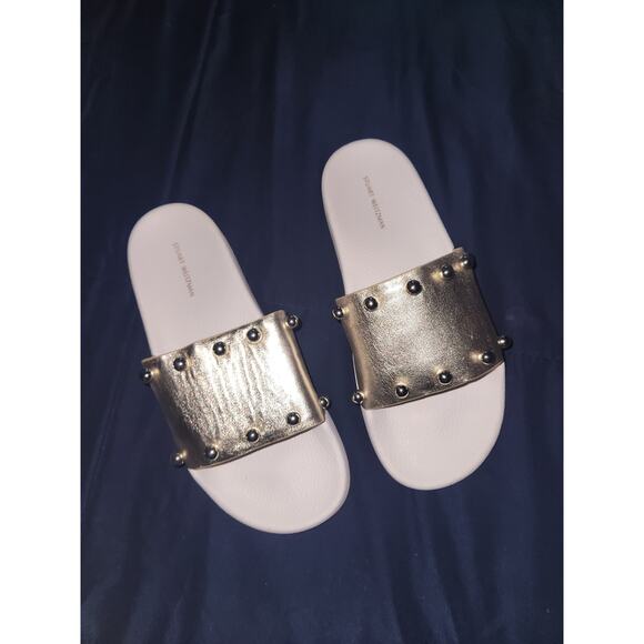 Stuart Weitzman Superstud pool slide sandals gold 9 - Picture 2 of 4